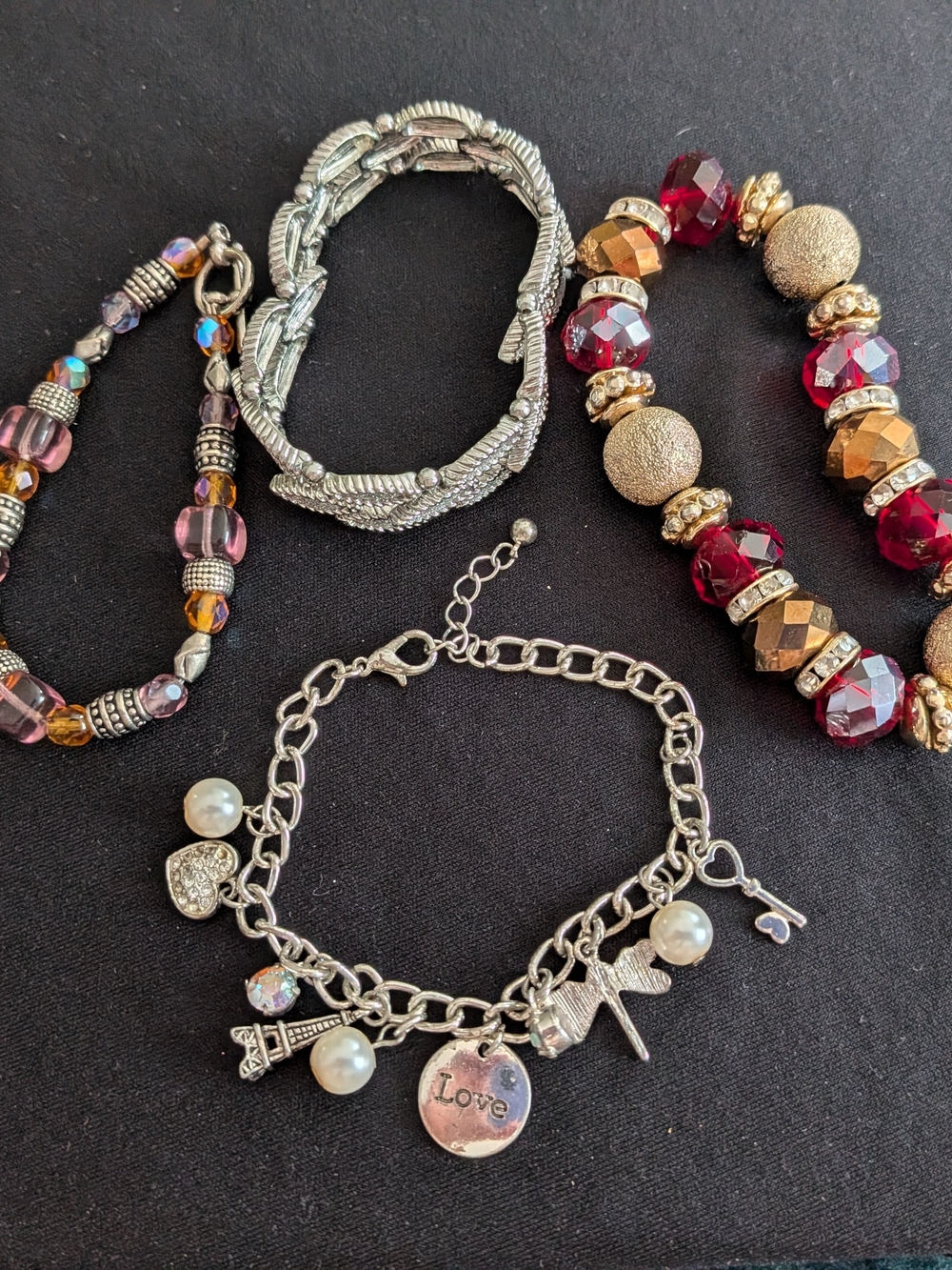 Silver Tone Charm 'Love' Bracelet with Pearl Accents - Women Jewelry Set Of 4